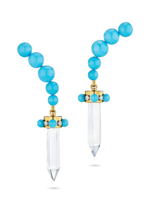Long Drop Olympia Turquoise, Aquamarine Crystal, and Diamond Earrings