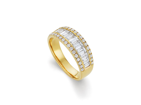 Baguette and Round Diamond Halfway Band- Yellow Gold