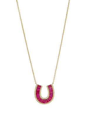 Large Ruby Baguette and Diamond Horseshoe Necklace