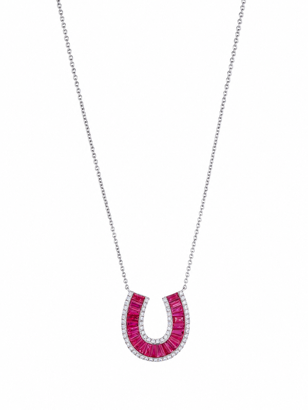 Large Ruby Baguette and Diamond Horseshoe Necklace