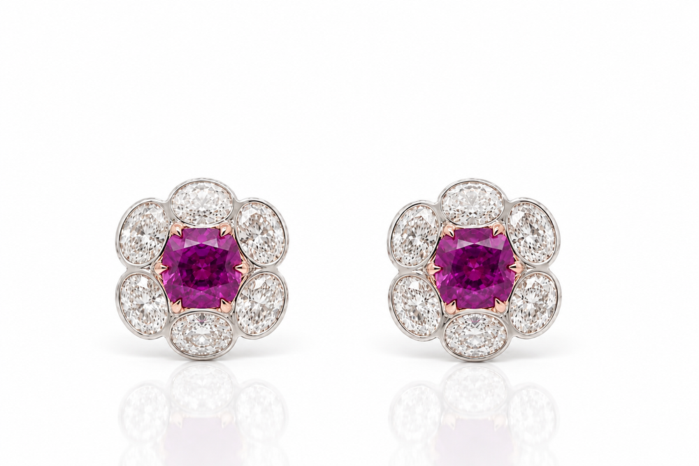 Exceptional Purple Rhodolite Garnet and Diamond Earrings