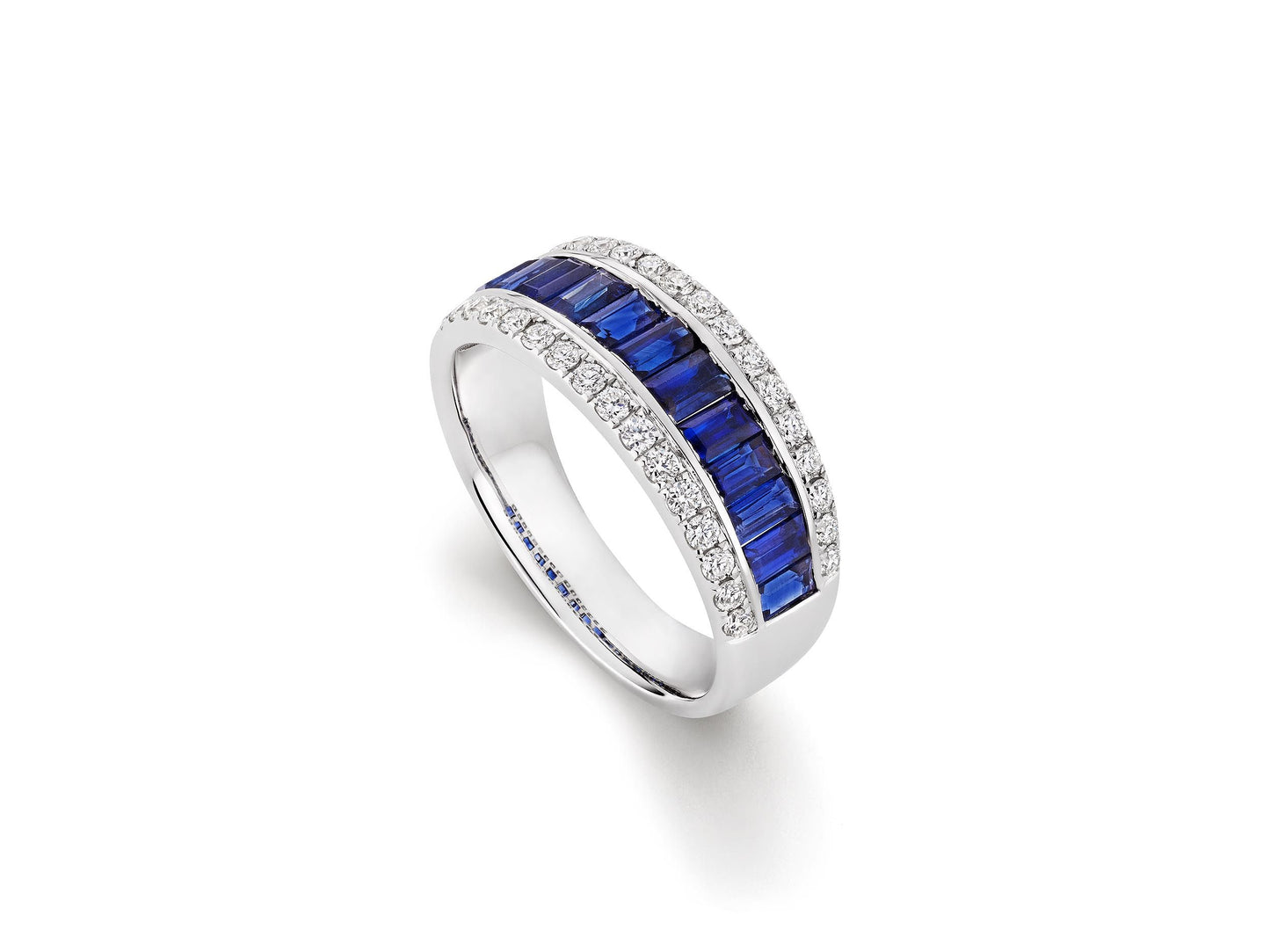 Baguette Sapphire and Round Diamond Halfway Band- White Gold