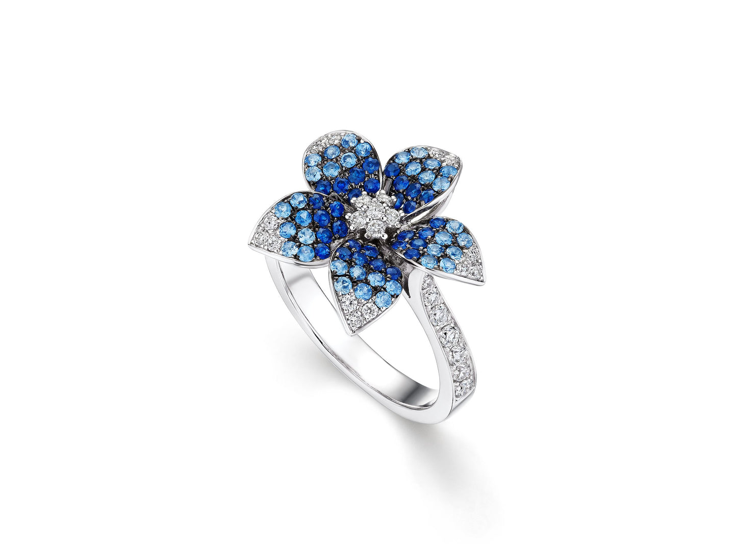 Zahara Blue Sapphire and Diamond Flower Ring by Karina Brez