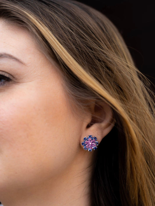 Blue and Pink Sapphire Flower Earrings