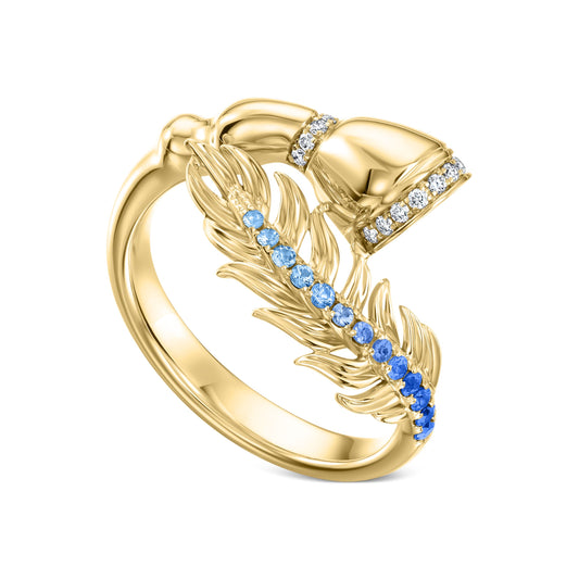 Fearless Feathers Yellow Gold and Blue Sapphires Ring