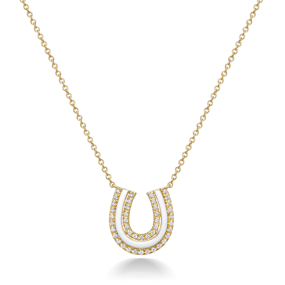 Lucky Horseshoe Necklace in White Enamel and Diamonds