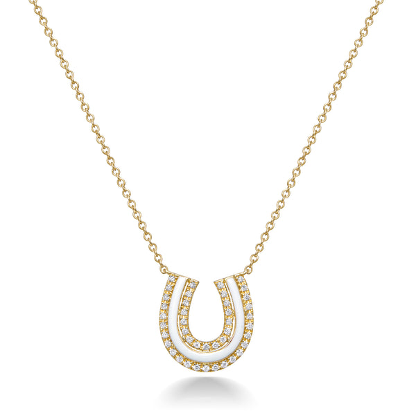 Lucky Horseshoe Necklace in White Enamel and Diamonds