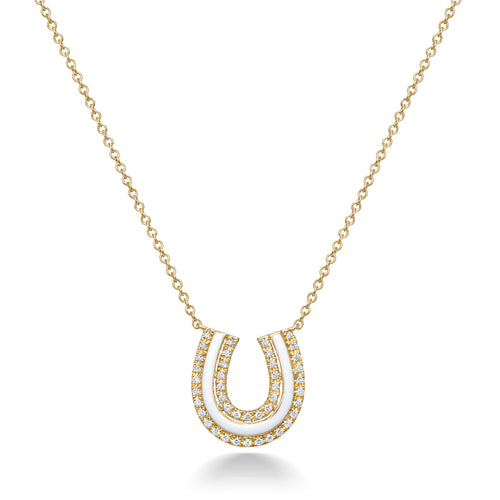 Lucky Horseshoe Necklace in White Enamel and Diamonds