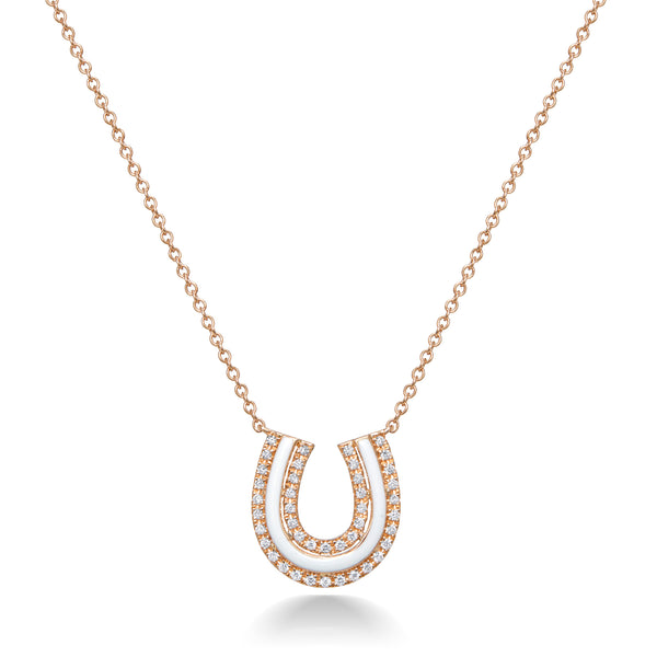 Lucky Horseshoe Necklace in White Enamel and Diamonds